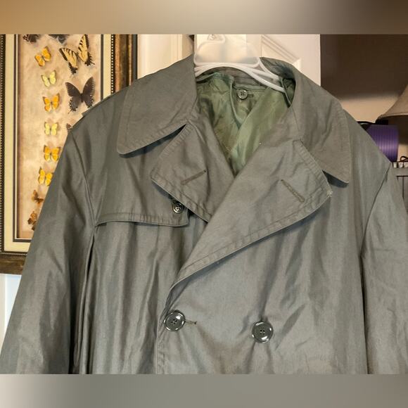 VTG MENS ARMY GREEN COTTON NYLON RAIN TRENCH COAT SZ M - Picture 2 of 16